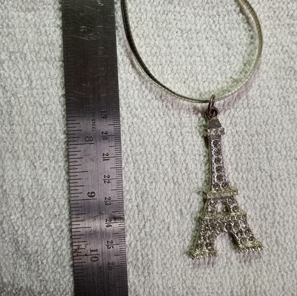 Silvertone omega chain with crystal eiffel tower pendant necklace - Picture 2 of 5